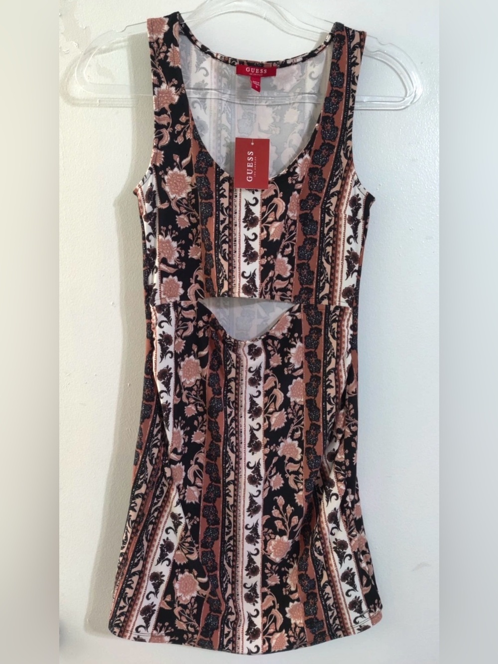 GUESS Black, Brown, Mauve Floral Stripe Mini Dress with Front Cutout S